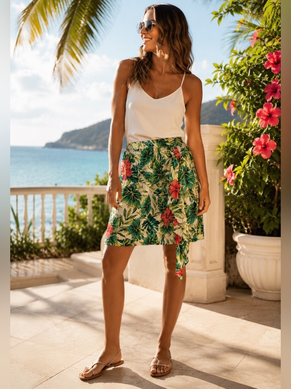 Tropical Resort Silk Hibiscus Side Sash Skirt Cruise Vacation M